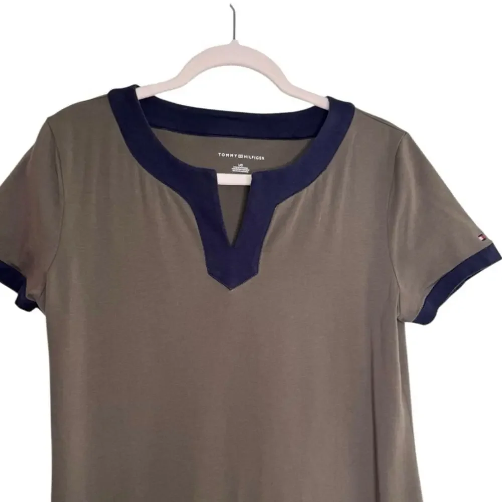 Tommy Hilfiger Womens Contrast Trim Shift Dress Taupe Navy Size Large